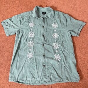 Billabong Mens Embroidered Linen Blend Short Sleeve Button Up Shirt Green Large